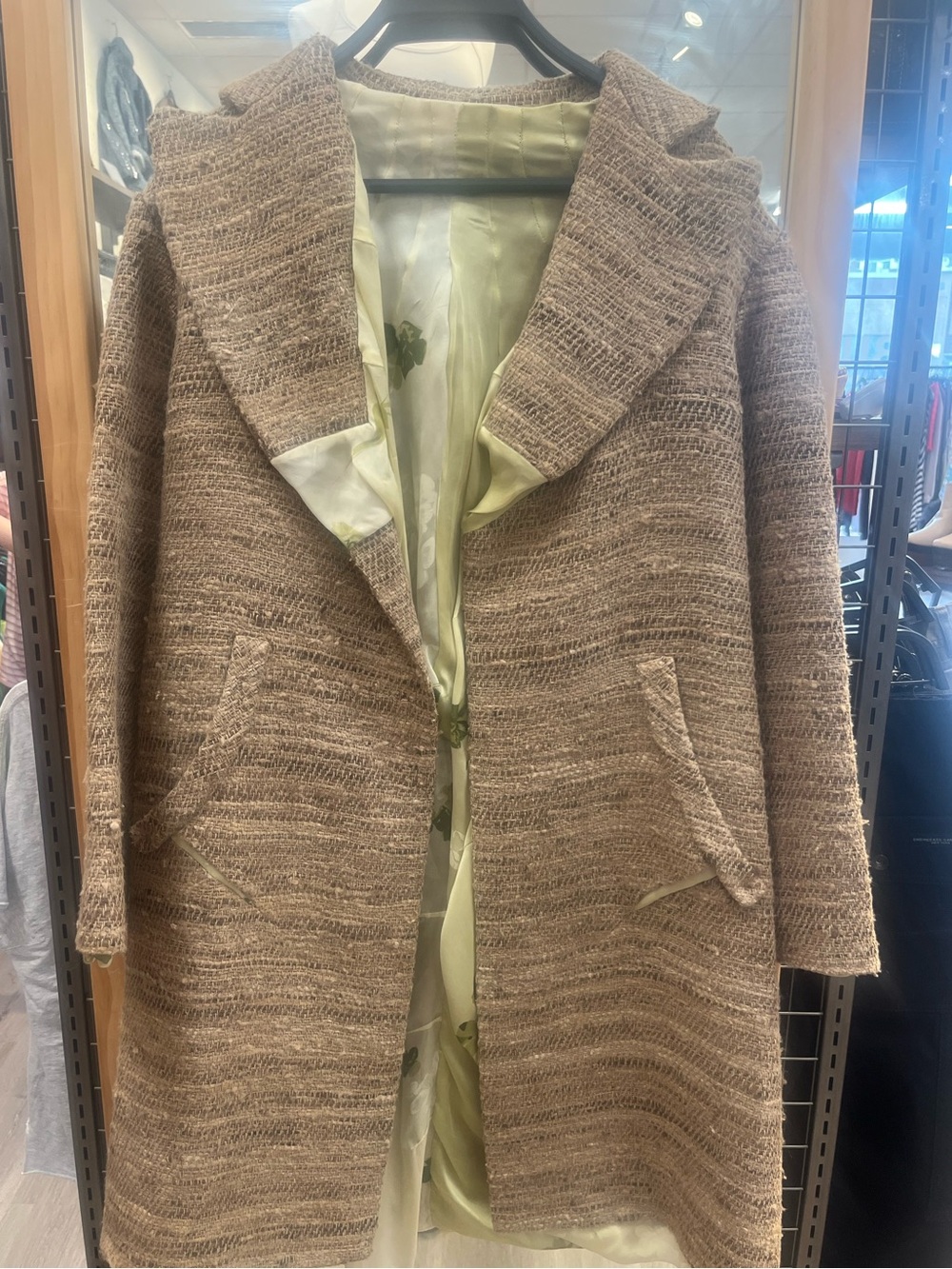 Marni Tweed Tan Bouclé Trench Coat Lt Green Silk Overflowing Silk Blouse lining